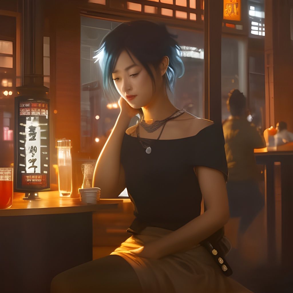 Punk Girl at Ramen Bar, Hyperdetailed Portrait