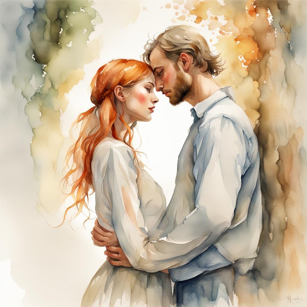 Watercolor Couple in Love: High Detail Artstation Trend