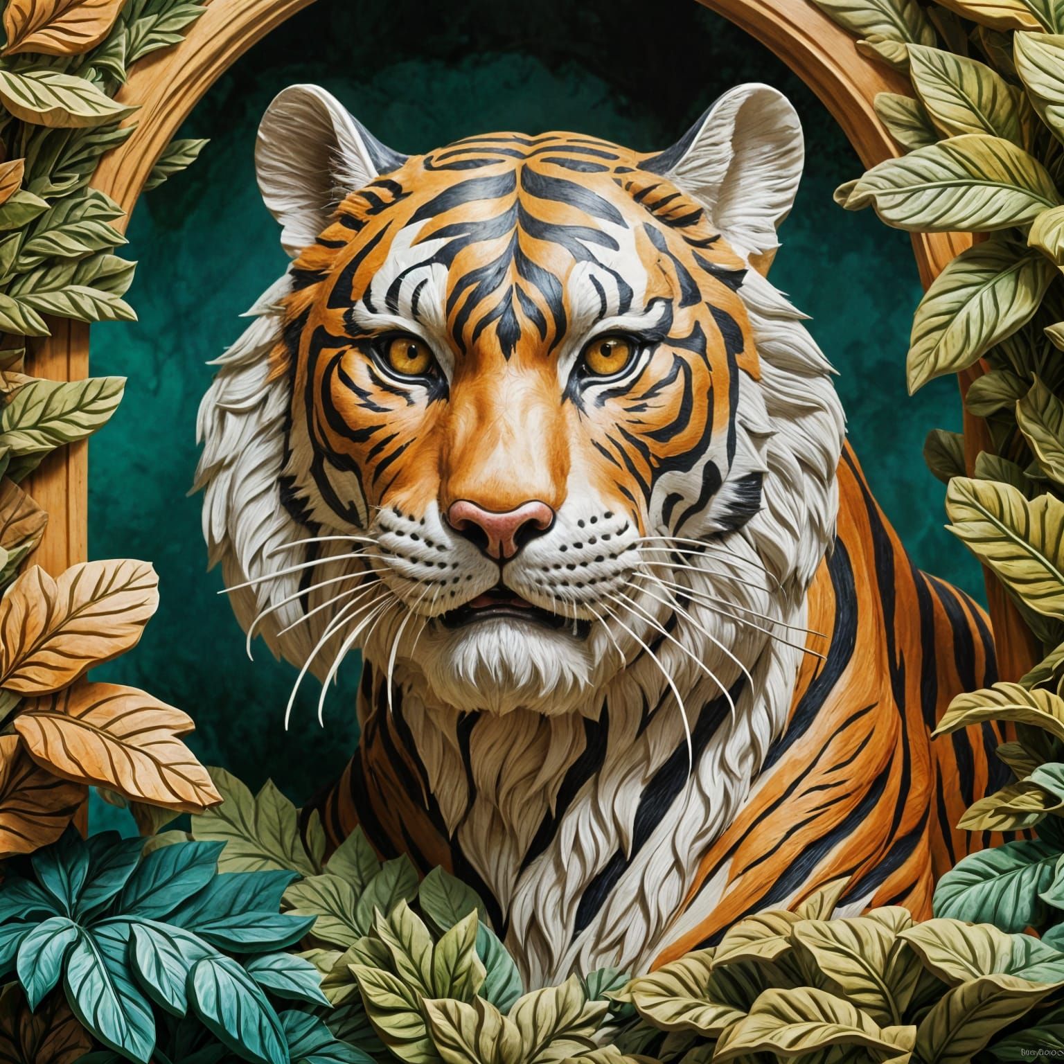 Hyperrealistic Wood Carving of Tiger in Shrubbery
