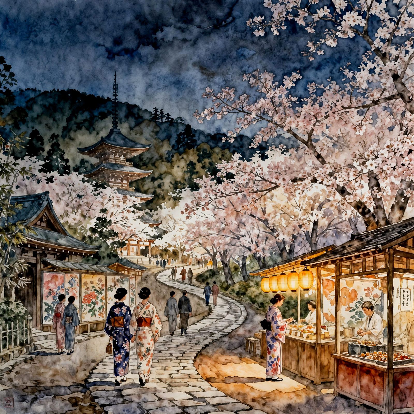 Japanese Festival Twilight Watercolor Masterpiece