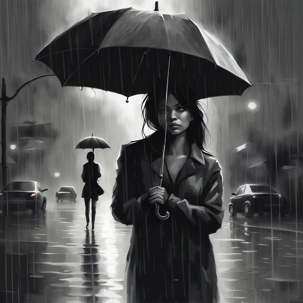 Monochrome Airbrush Painting of Woman with Umbrella