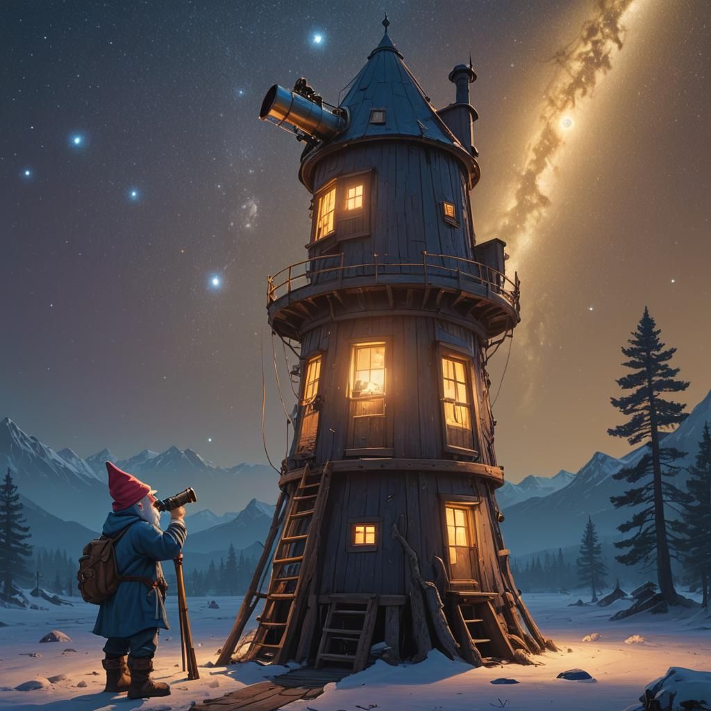 Gnome Observes Stars from Tower, Digital Matte Painting