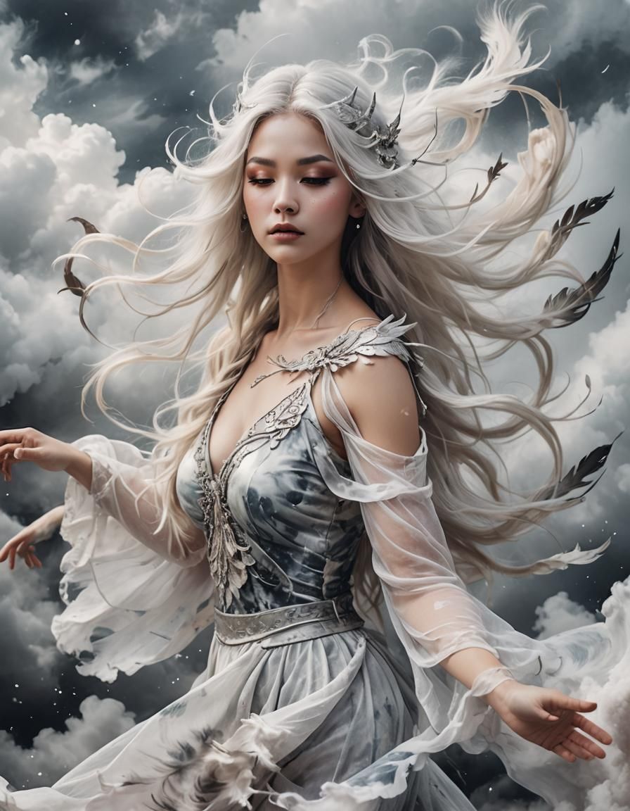 Ethereal Wind Sorceress Turns to Clouds: Surreal Ink Paintin...