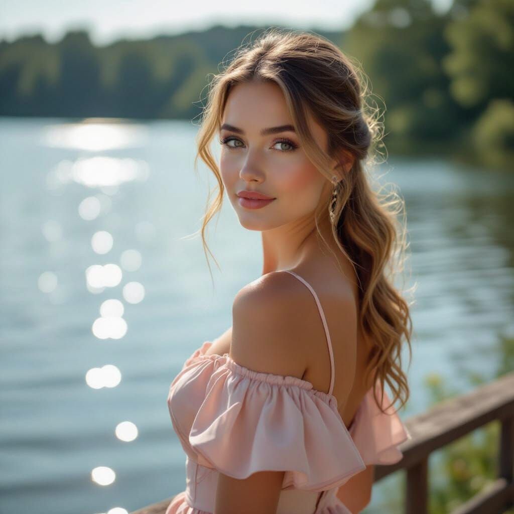 European Woman in Silk Dress by Lake, Hyperrealistic Style