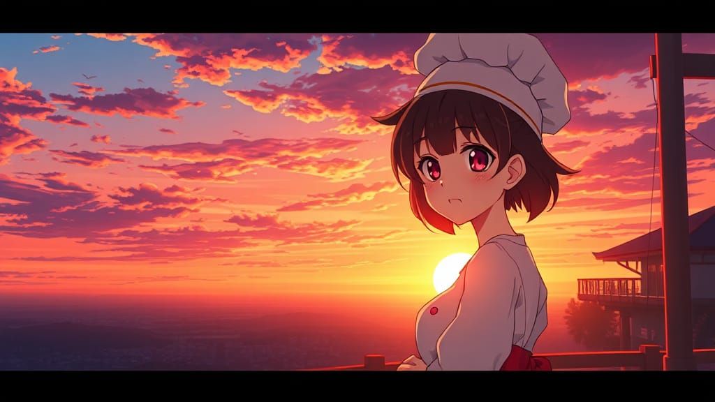 Sunset Anime Girl Chef with a Big Smile