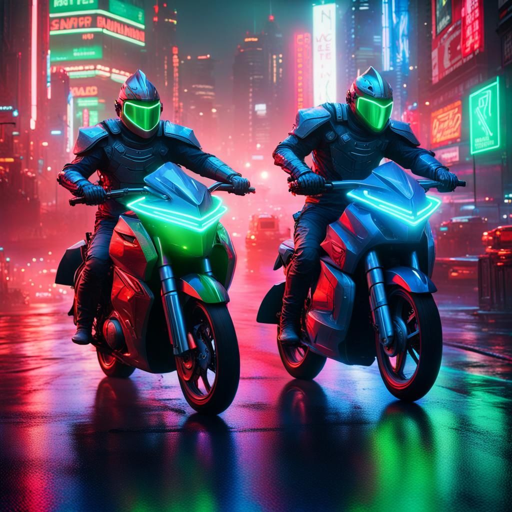 Cyberpunk Knights Jousting on Glowing Bikes