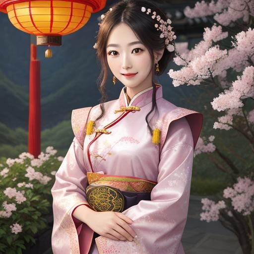 Girl in Hanfu with Lantern, Watercolor Chinese Scenery
