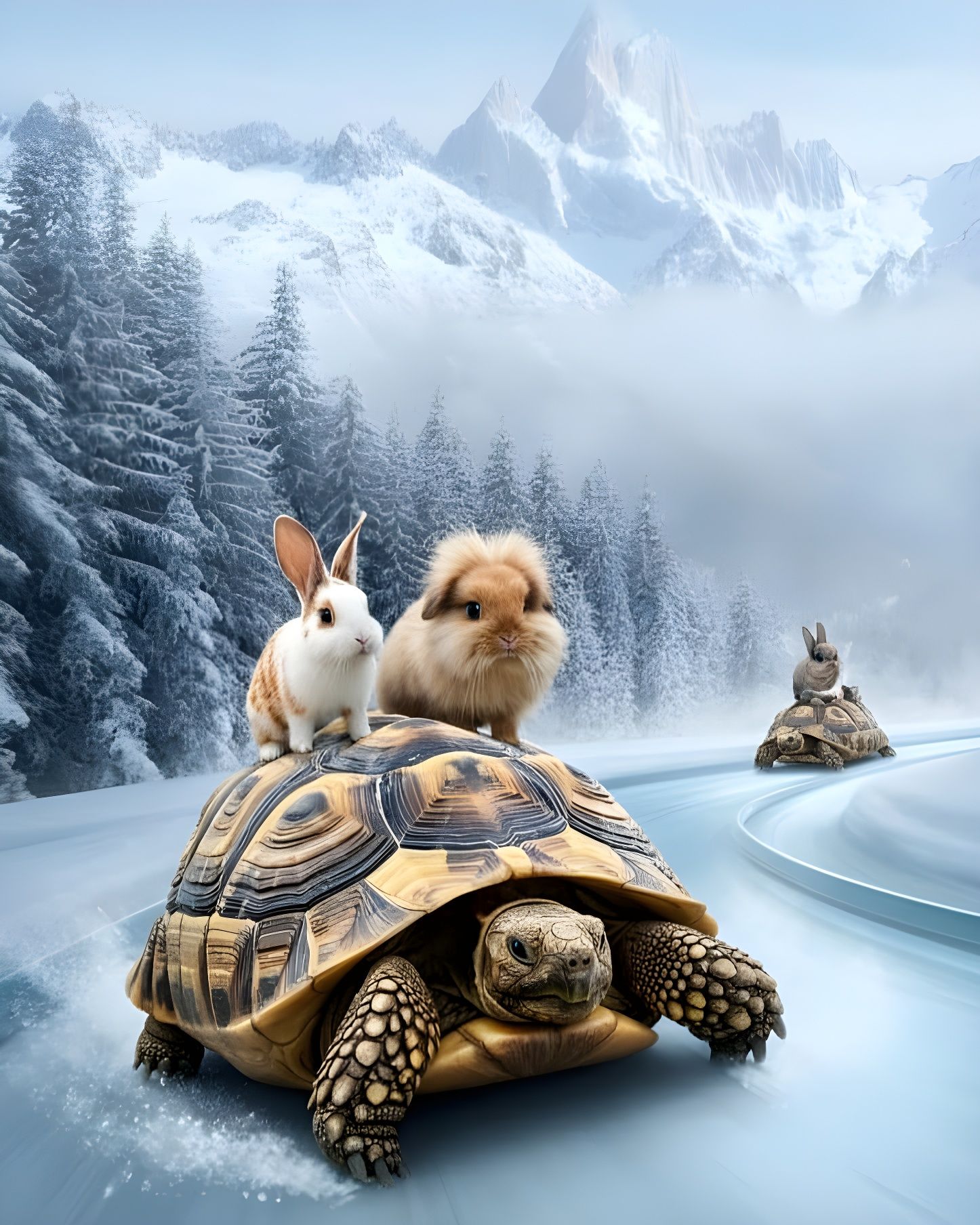 Tortoise Bobsled Champions in Majestic Alpine Landscape