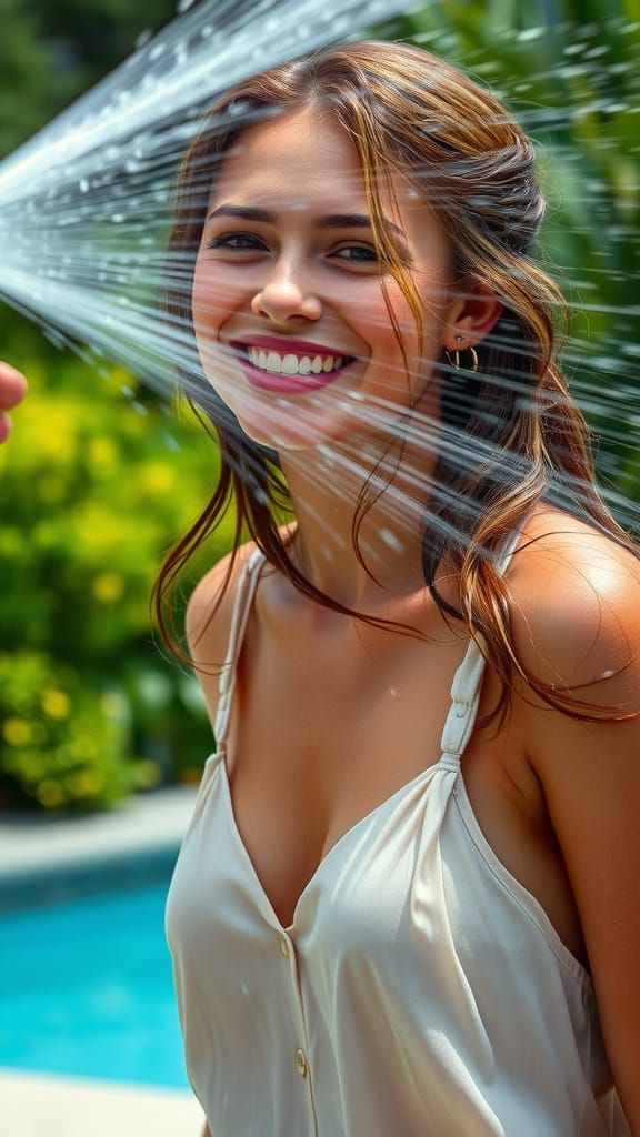 Woman Laughs Defending From Water Hose Spray