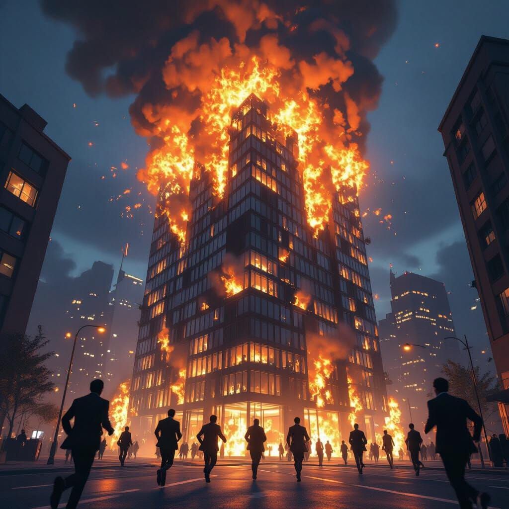 High-Rise Building on Fire: Dramatic Night Scene