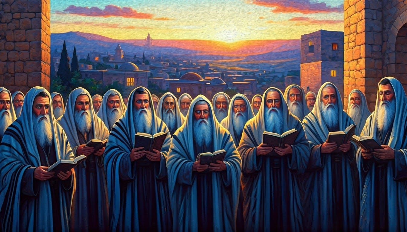 Classical Oil Painting of Uniting Sages in Golden Light
