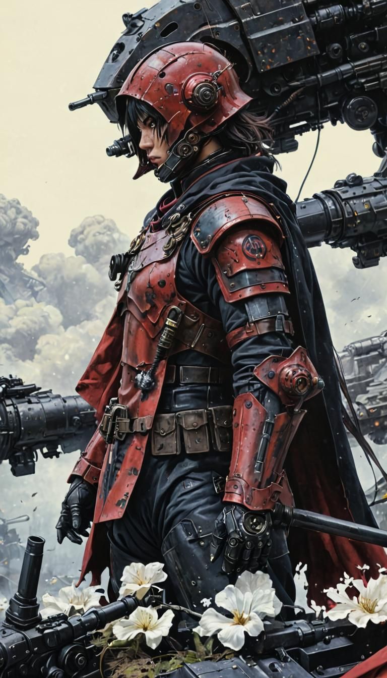 Cyborg in Red Cloak: Stylized Oil Painting