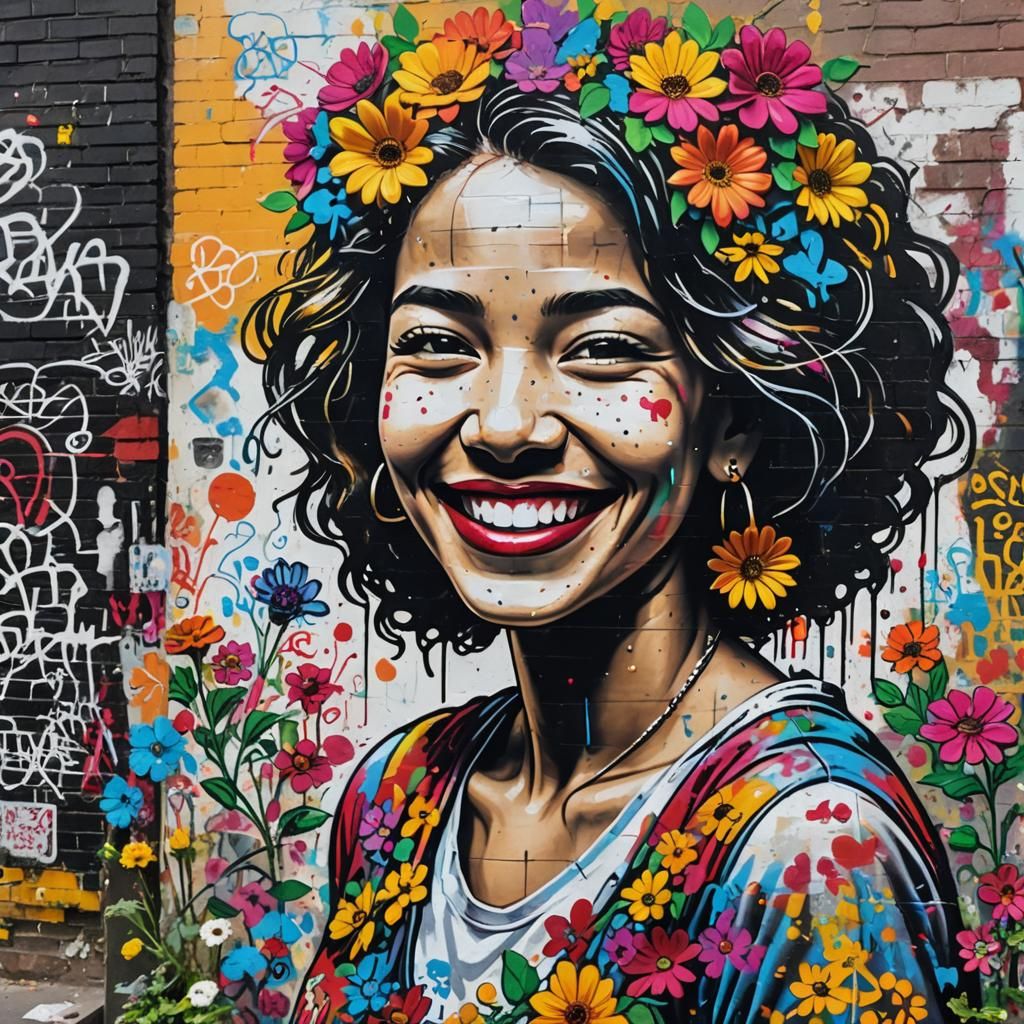 Urban Graffiti Art: Smiling Woman with Flowers