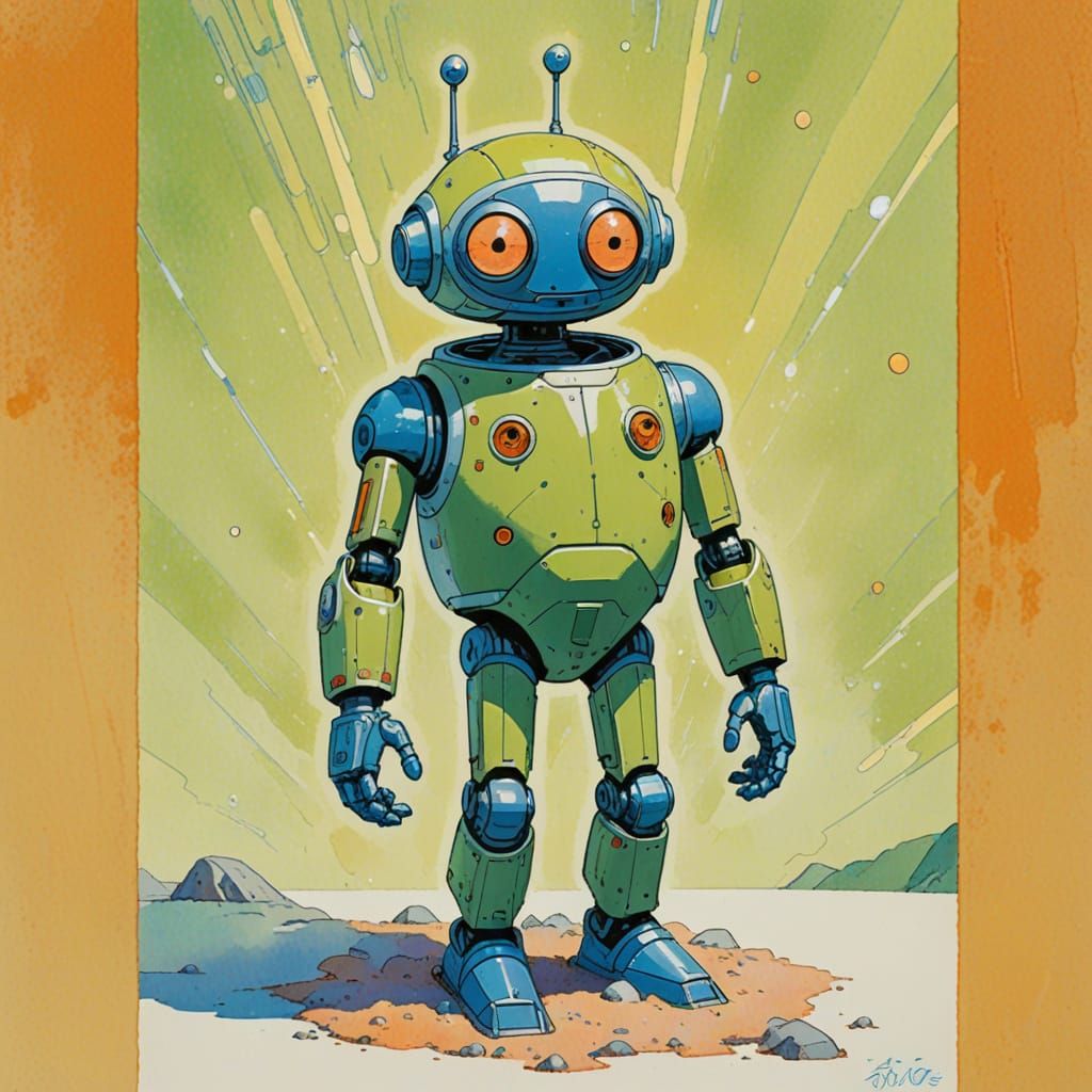 Three-Eyed Android on Spaceship in Pastel Colors