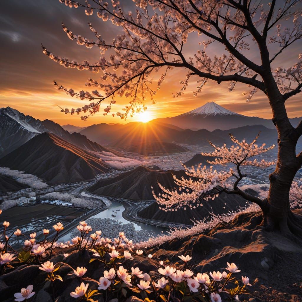 Selective Color Cherry Blossoms at Sunset