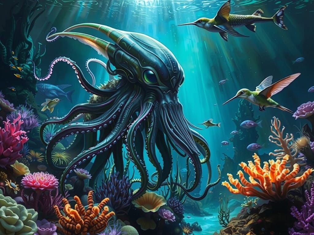 Dark Surreal Underwater Alien Landscape with Wolf-Hummingbir...