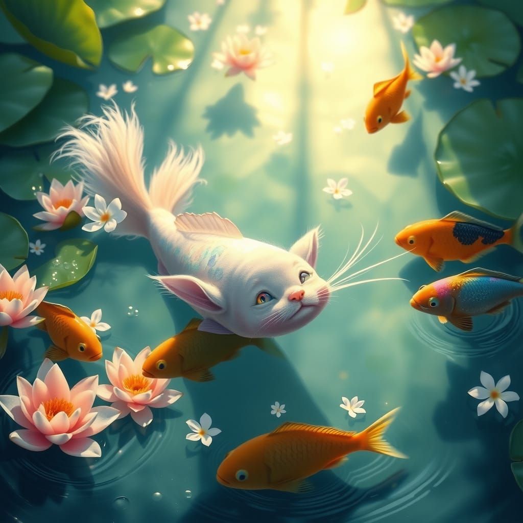 Dreamy Cat-Fish Hybrid in Sun-Dappled Pond
