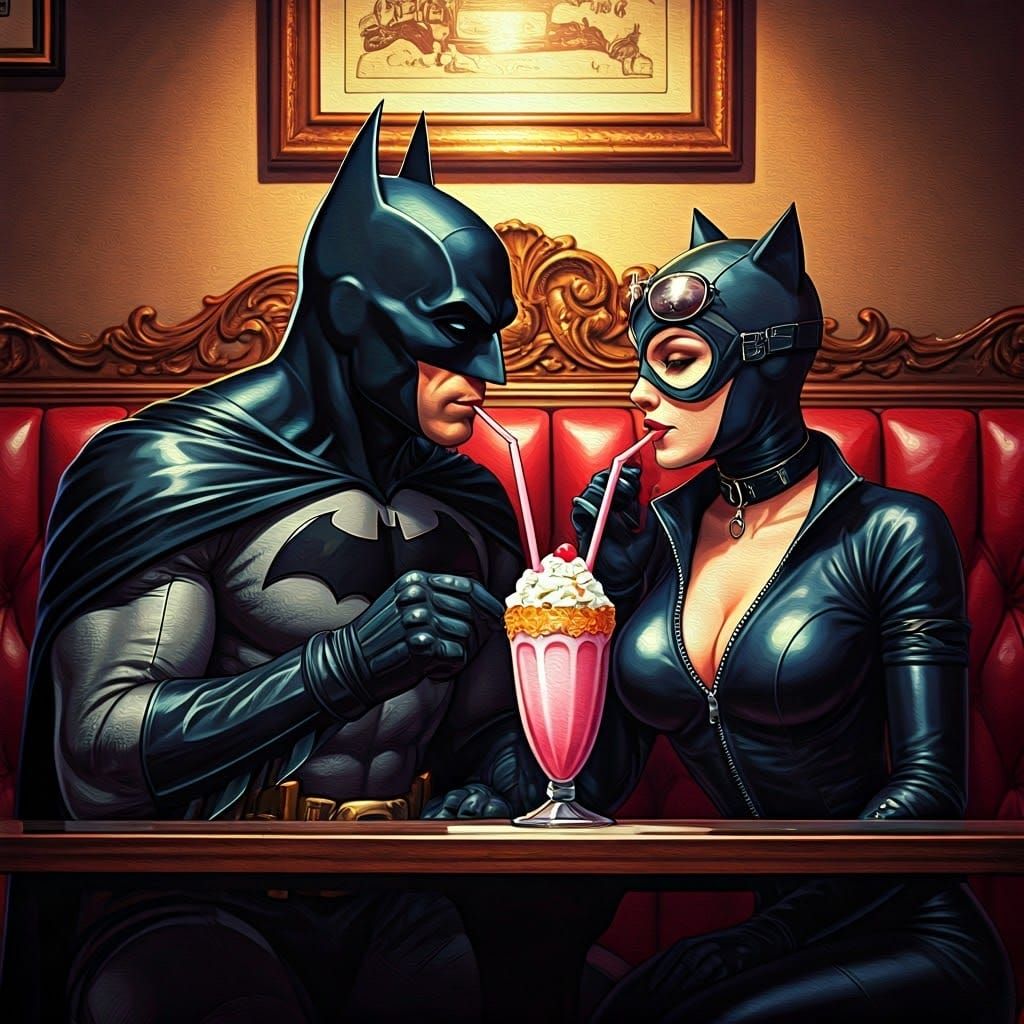 Batman and Catwoman Share Milkshake in Film Noir Diner