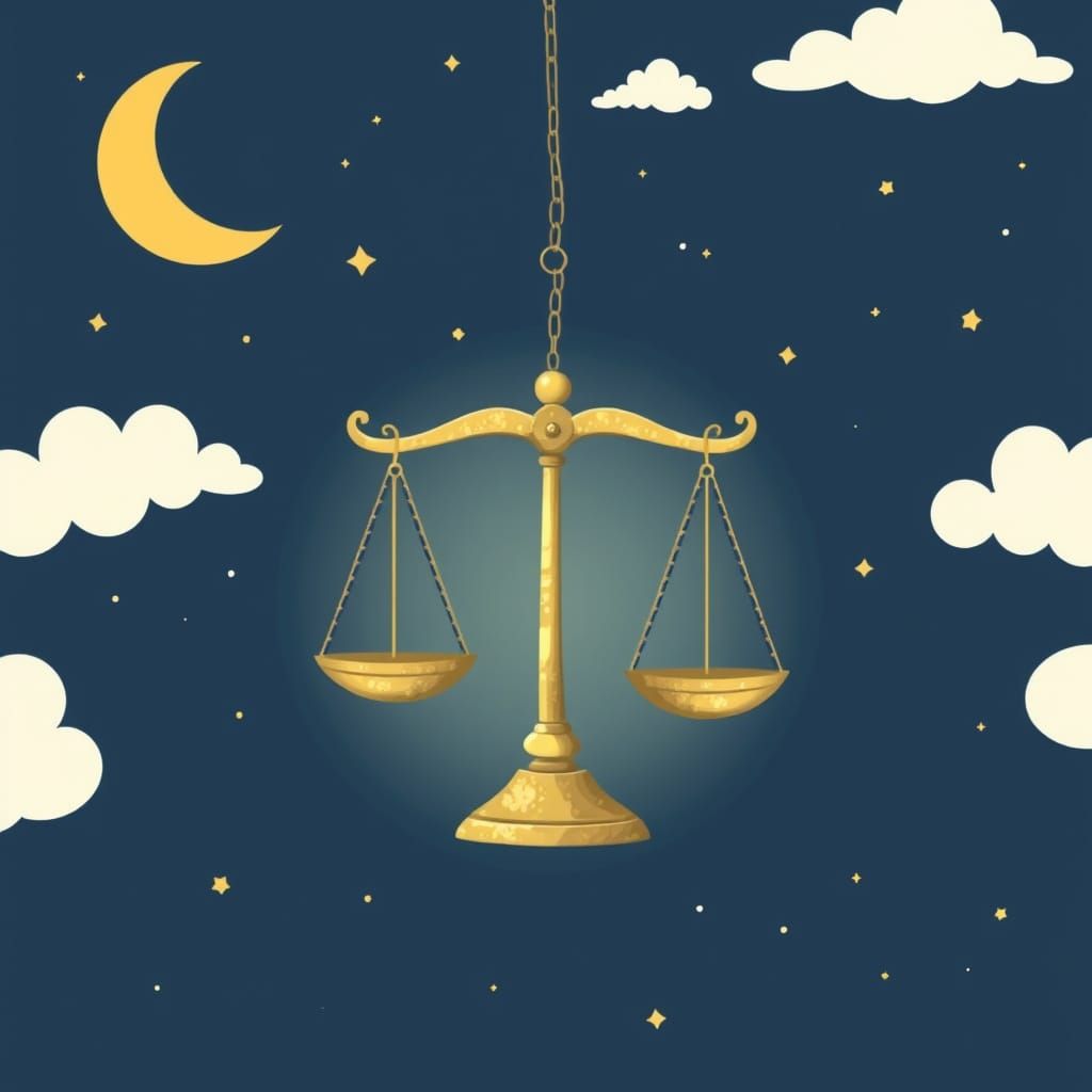 Whimsical Balance Scale Under Starry Night Sky