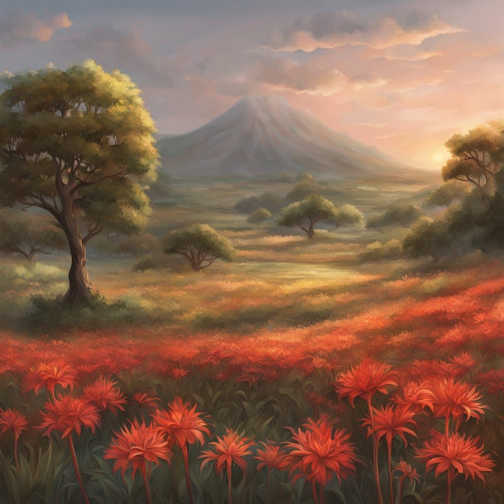 Vibrant Red Spider Lily Field in a Warm, Golden Light
