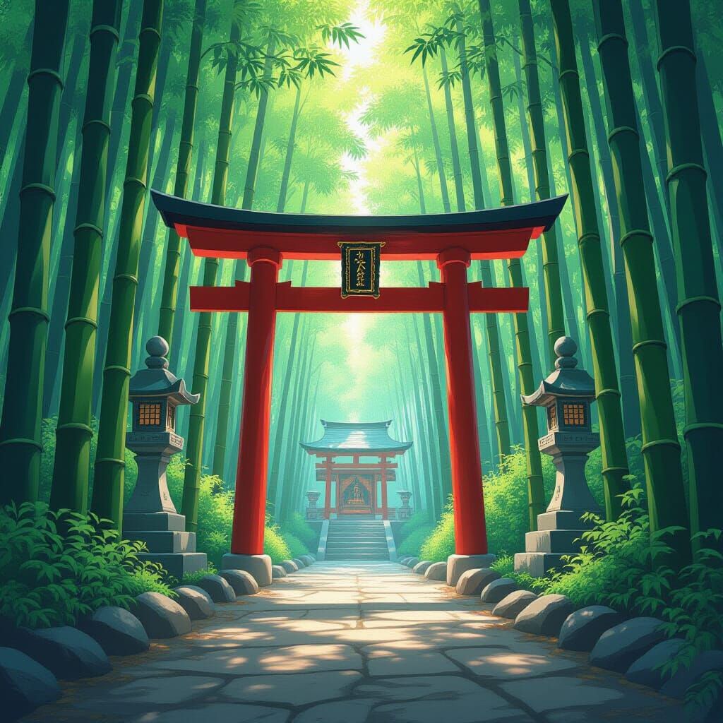 Anime Shrine in Bamboo Forest, Ghibli Style