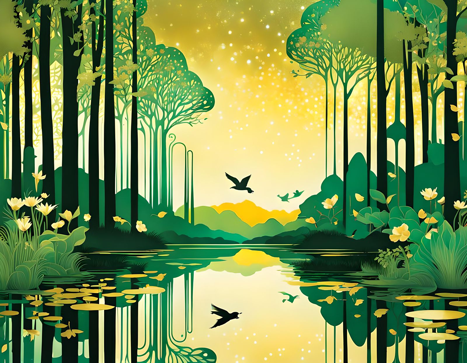 Reflected Forest Pond in Art Nouveau Style