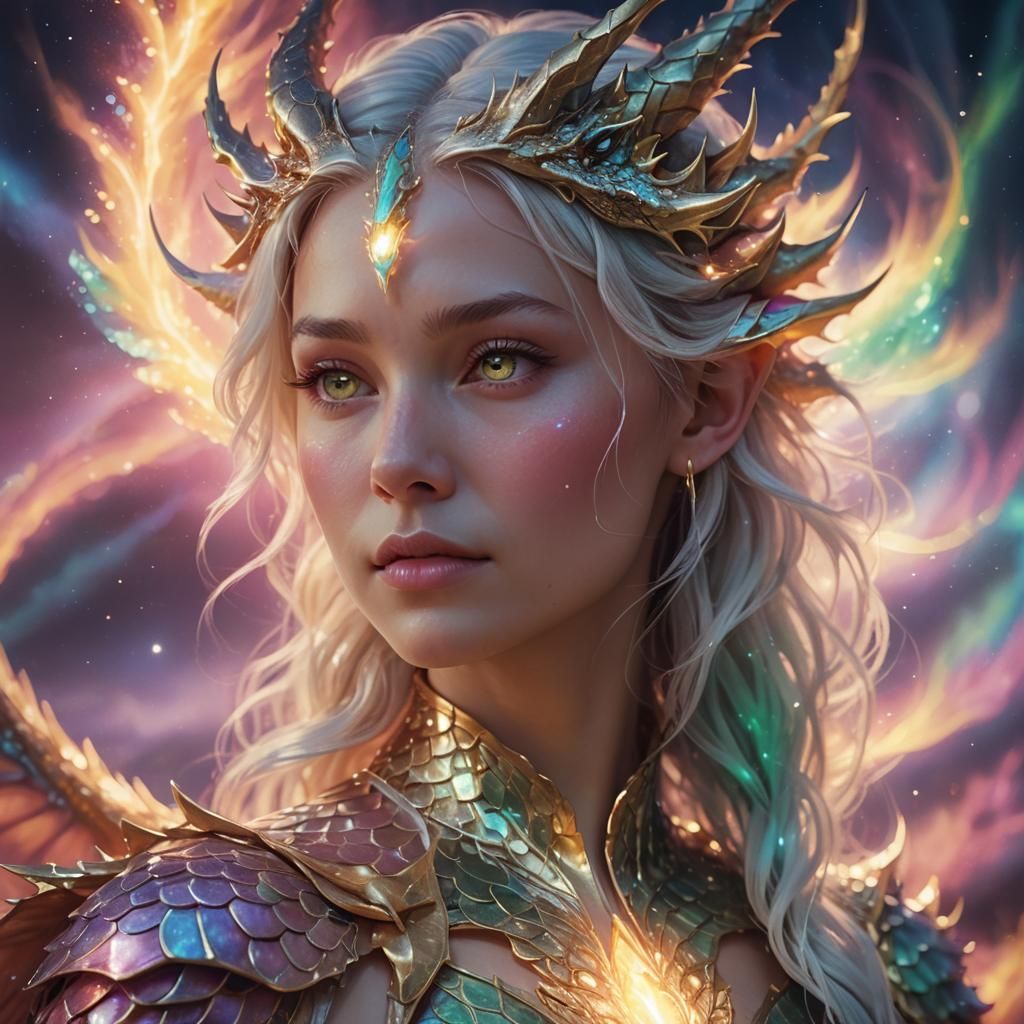Surreal Dragon Goddess in Soft Focus, Amidst Celestial Beaut...