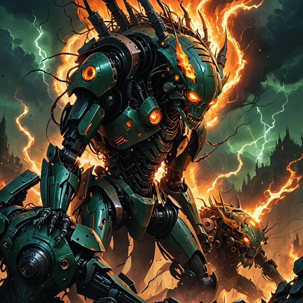 Turbulent Clash of Eldritch Beings in a Gothic Landscape