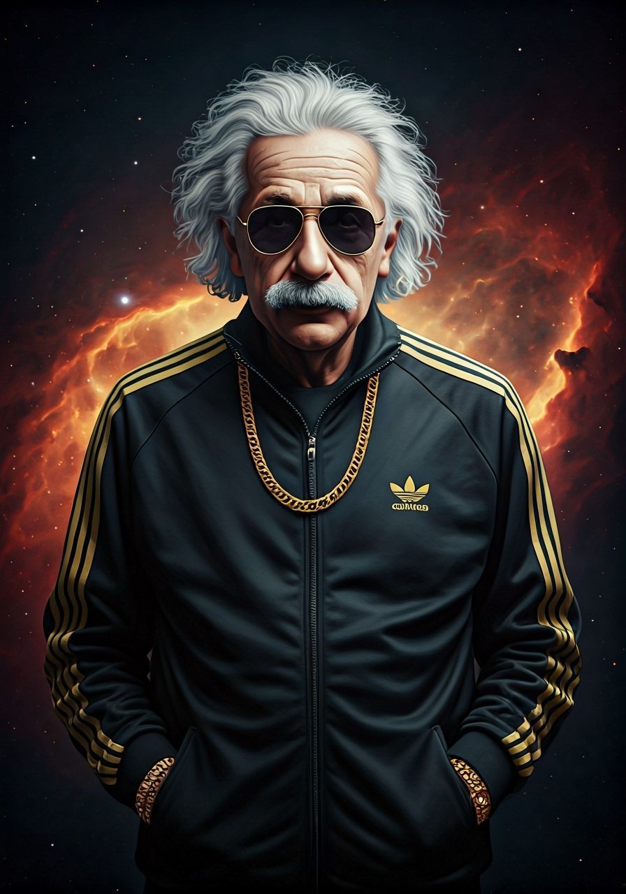 An elderly Albert Einstein, sporting a black Adidas tracksui...