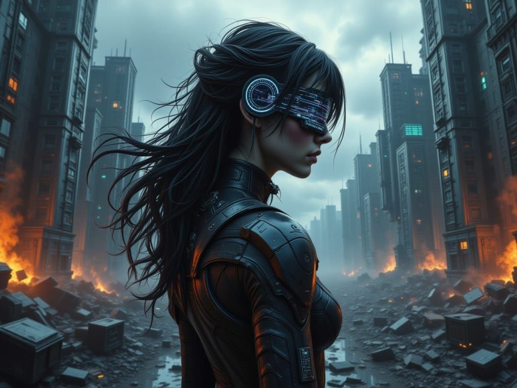 Dark Angel with Blue Hair and LED Visor in Dystopian World