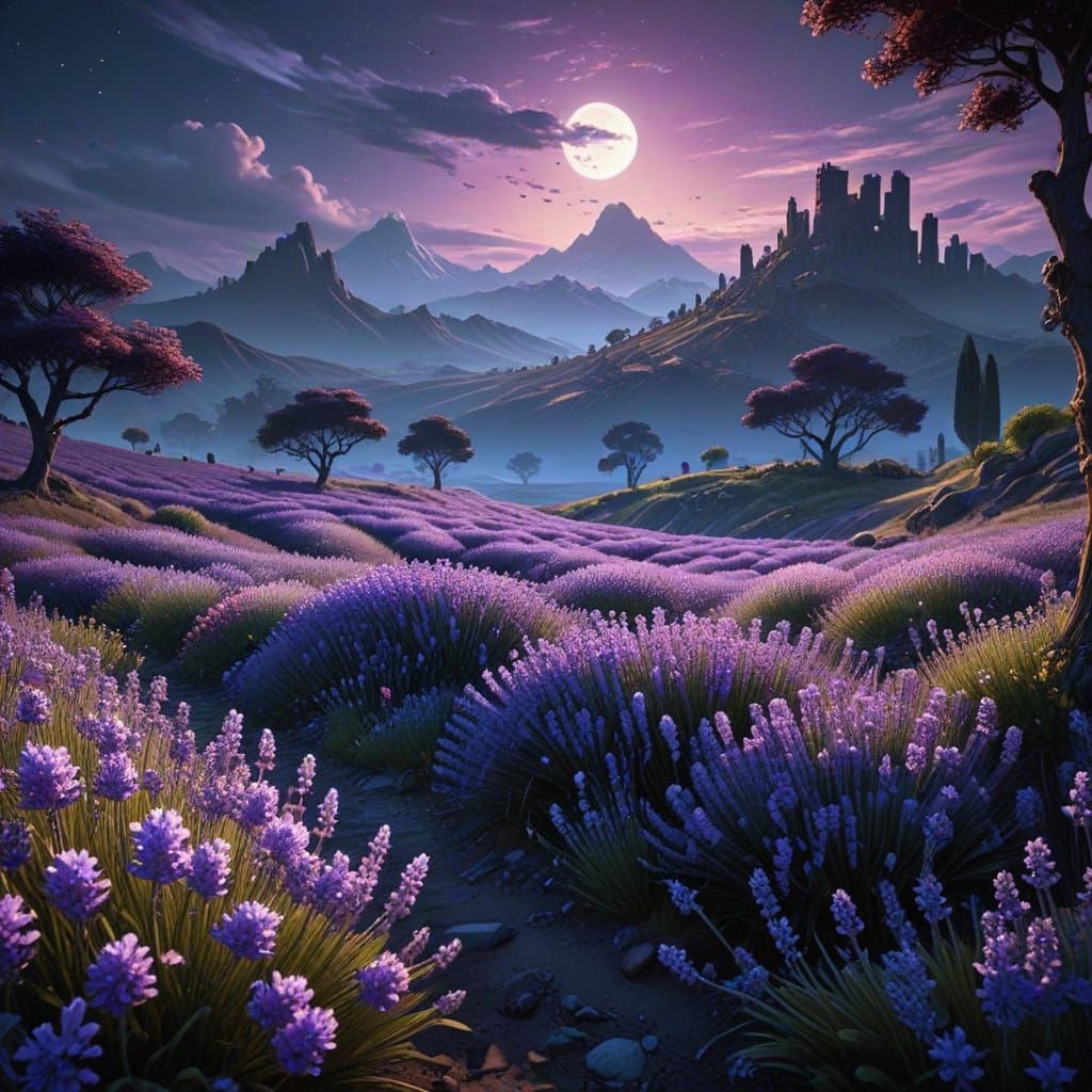 Vibrant Fields of Lavender Under Crescent Moon Illumination