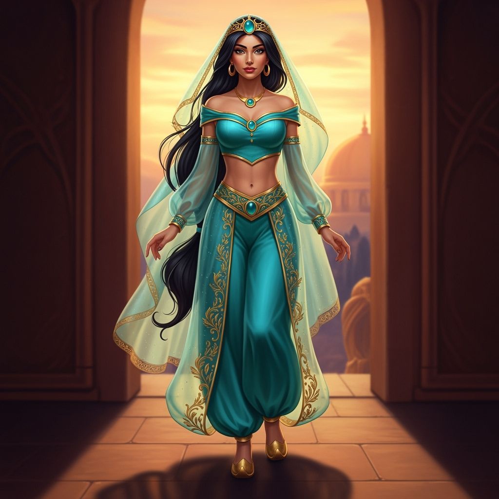 Hispanic Woman in Jasmine's Teal Outfit at Sunset