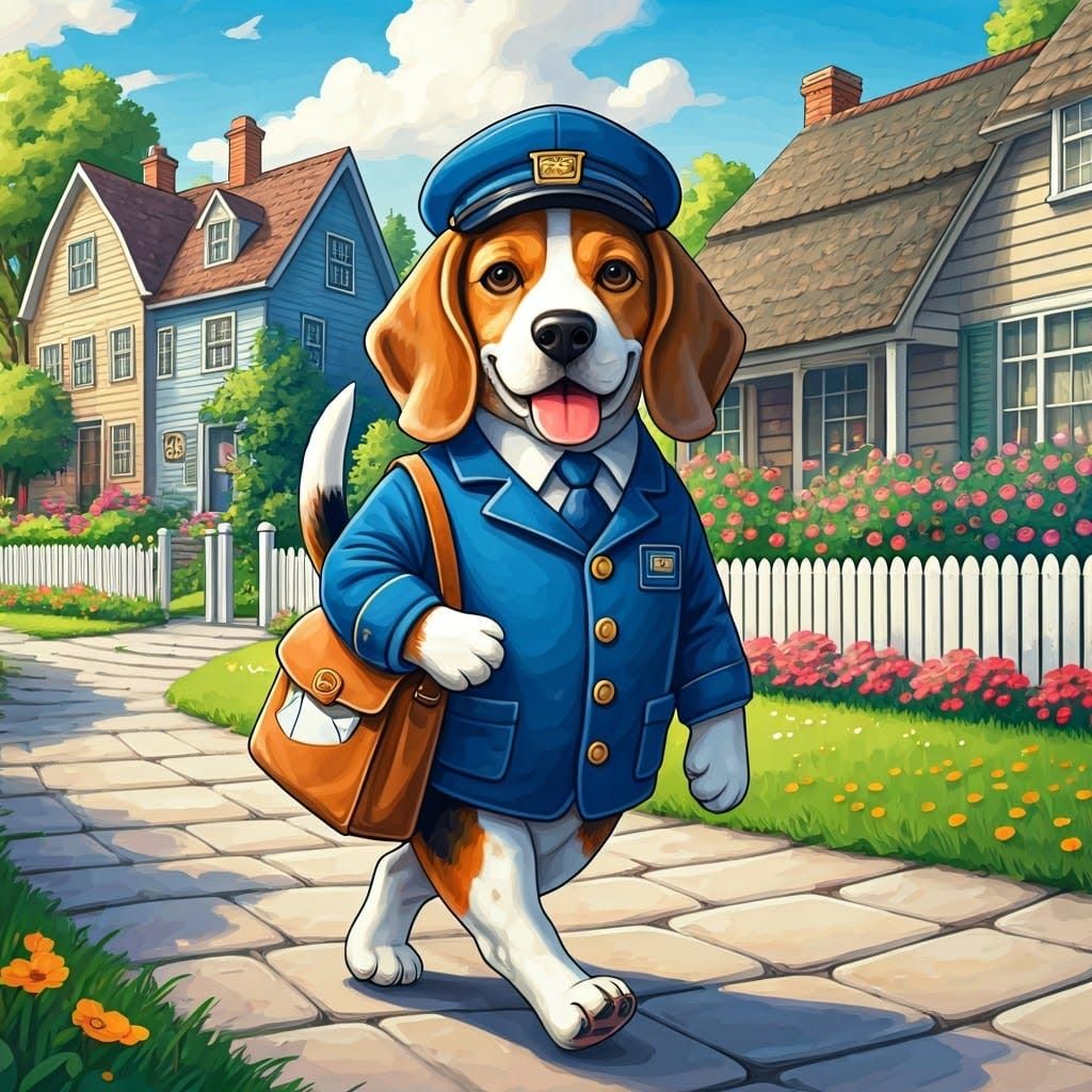 Jovial Beagle Postal Worker Delivers Letters in Whimsical Ne...