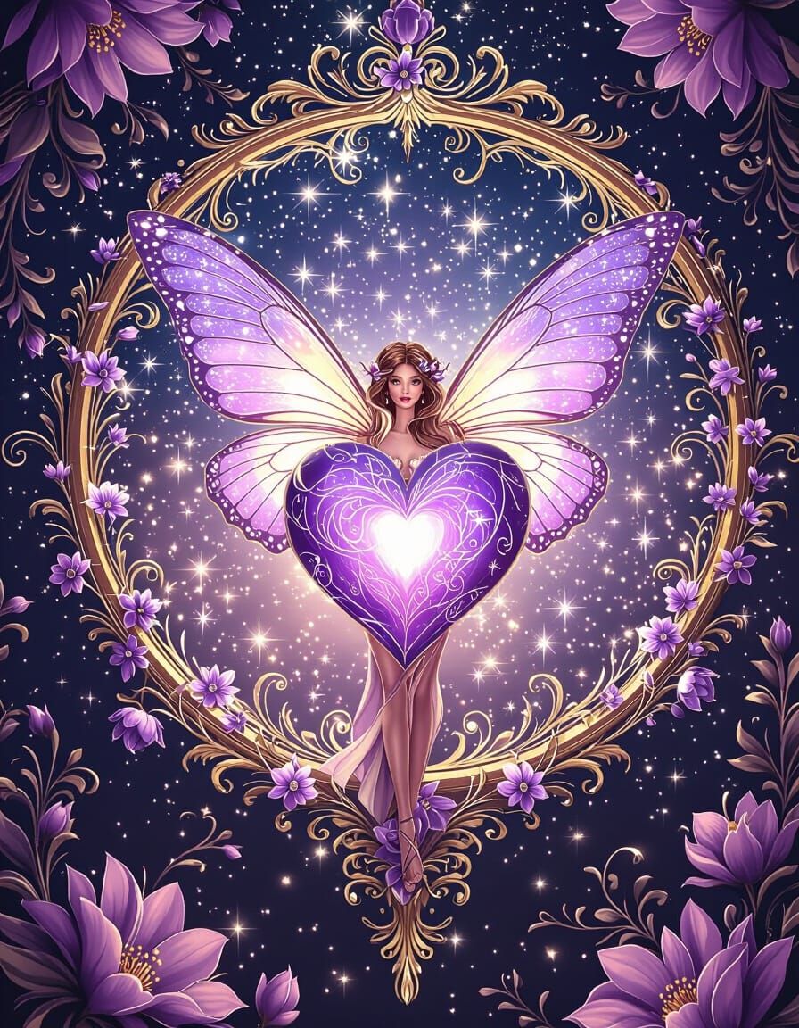 Ethereal Fairy Before Luminous Purple Heart in Fantasy Art S...