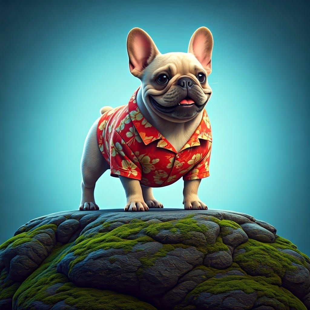 Happy French Bulldog in Hawaiian Shirt, 3D Surreal Art