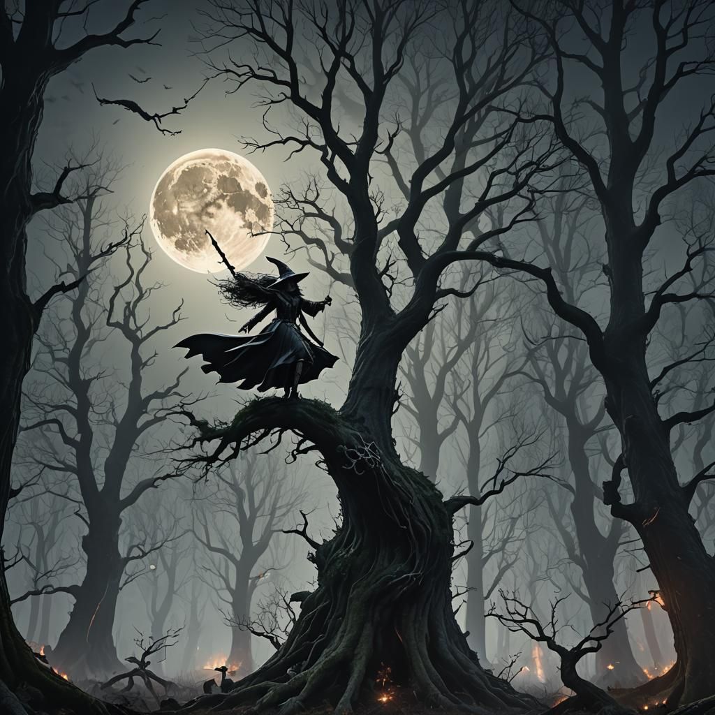 Witches Battle in Forest Under Full Moon
