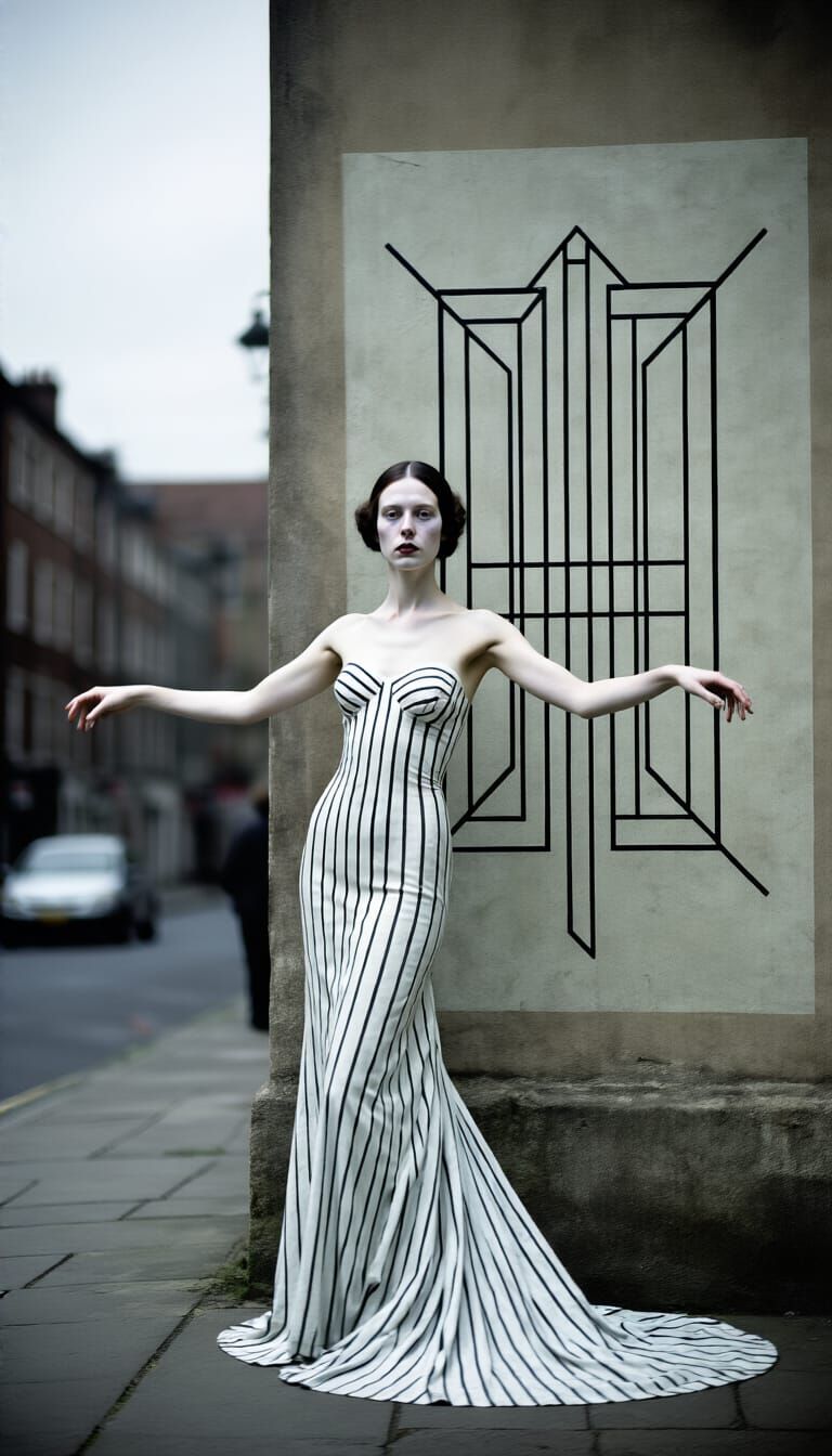 Woman Merges with Geometric Wall in Surreal Portrait