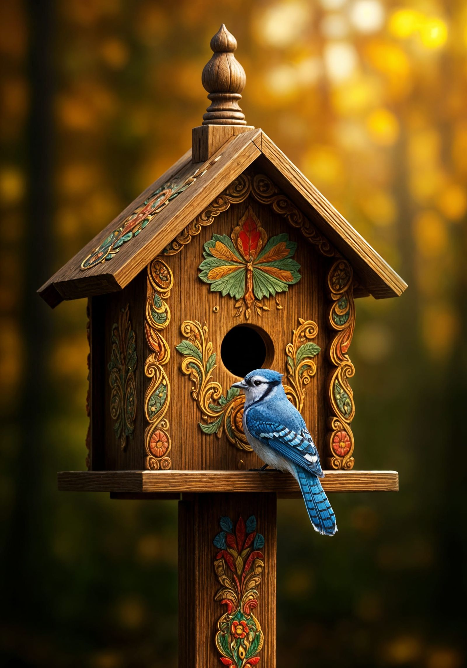 Folk-Art Birdhouse with Blue Jay in Autumn Forest