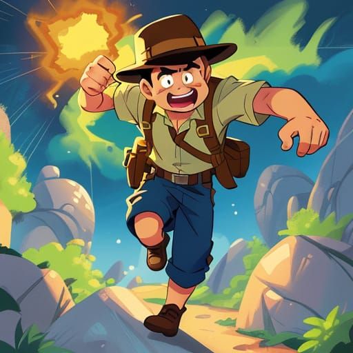Indiana Jones Running From Boulders in Cartoon Style
