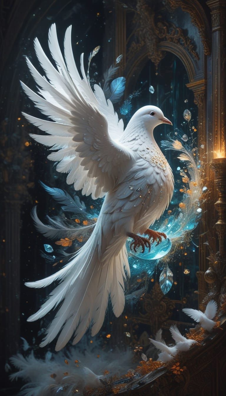 Surrealist Dove Descends from Heaven in Elegant Glass Form