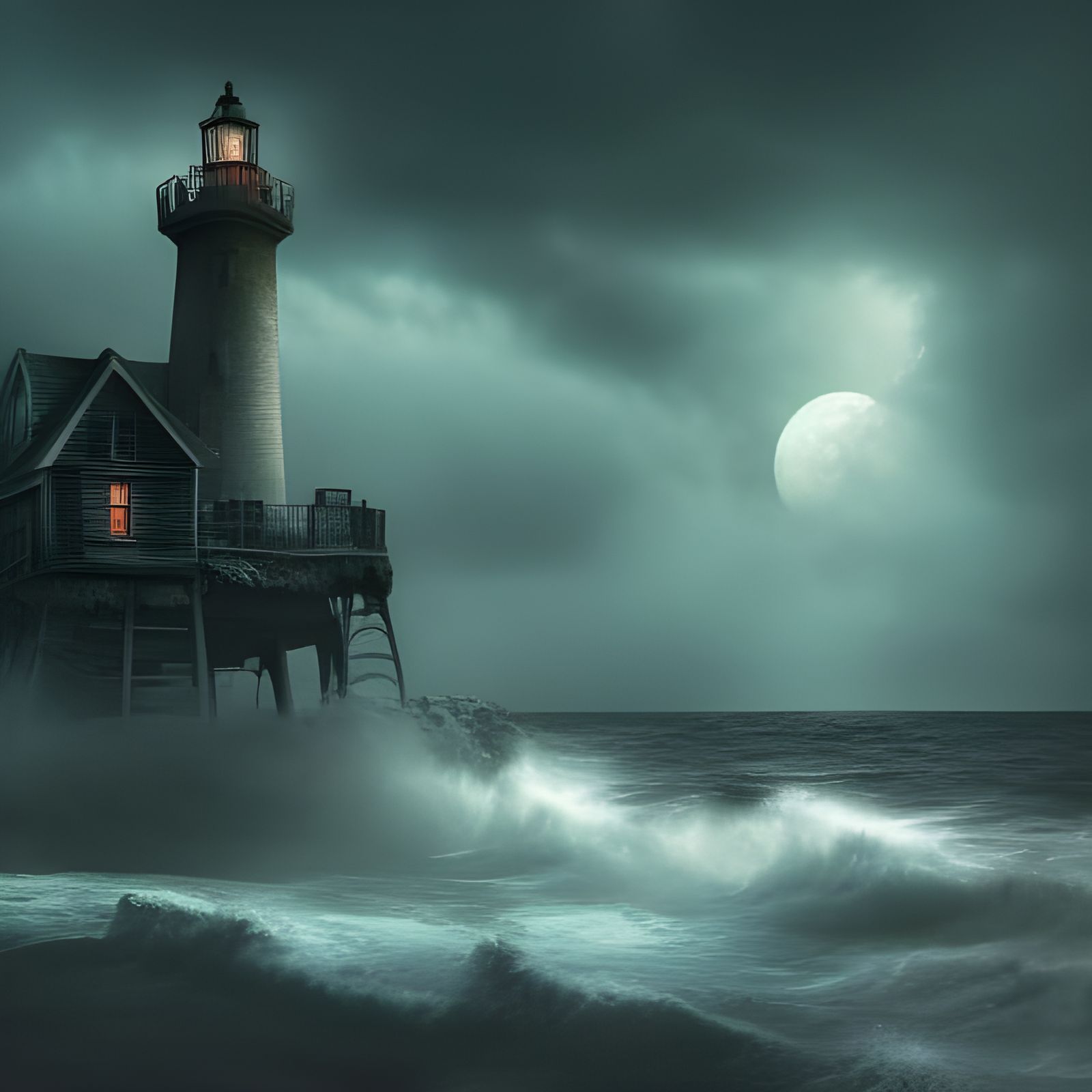Eerie Lighthouse with Ghostly Figure at Twilight