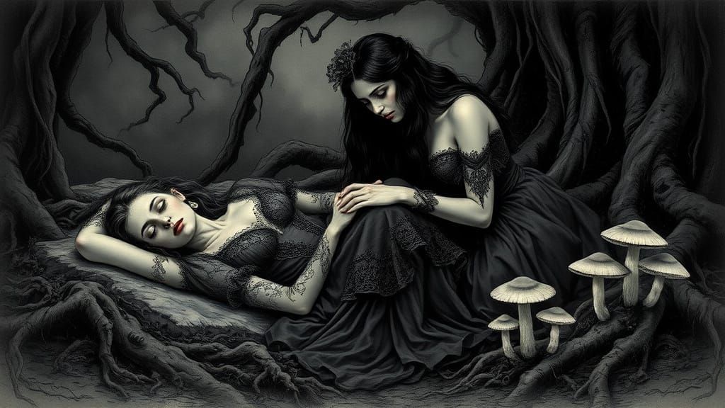 Mournful Vampire Lovers in a Haunting Woodland Scene