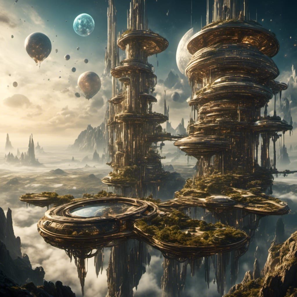 Futuristic Steampunk Space Elevator Ascending Above Planet