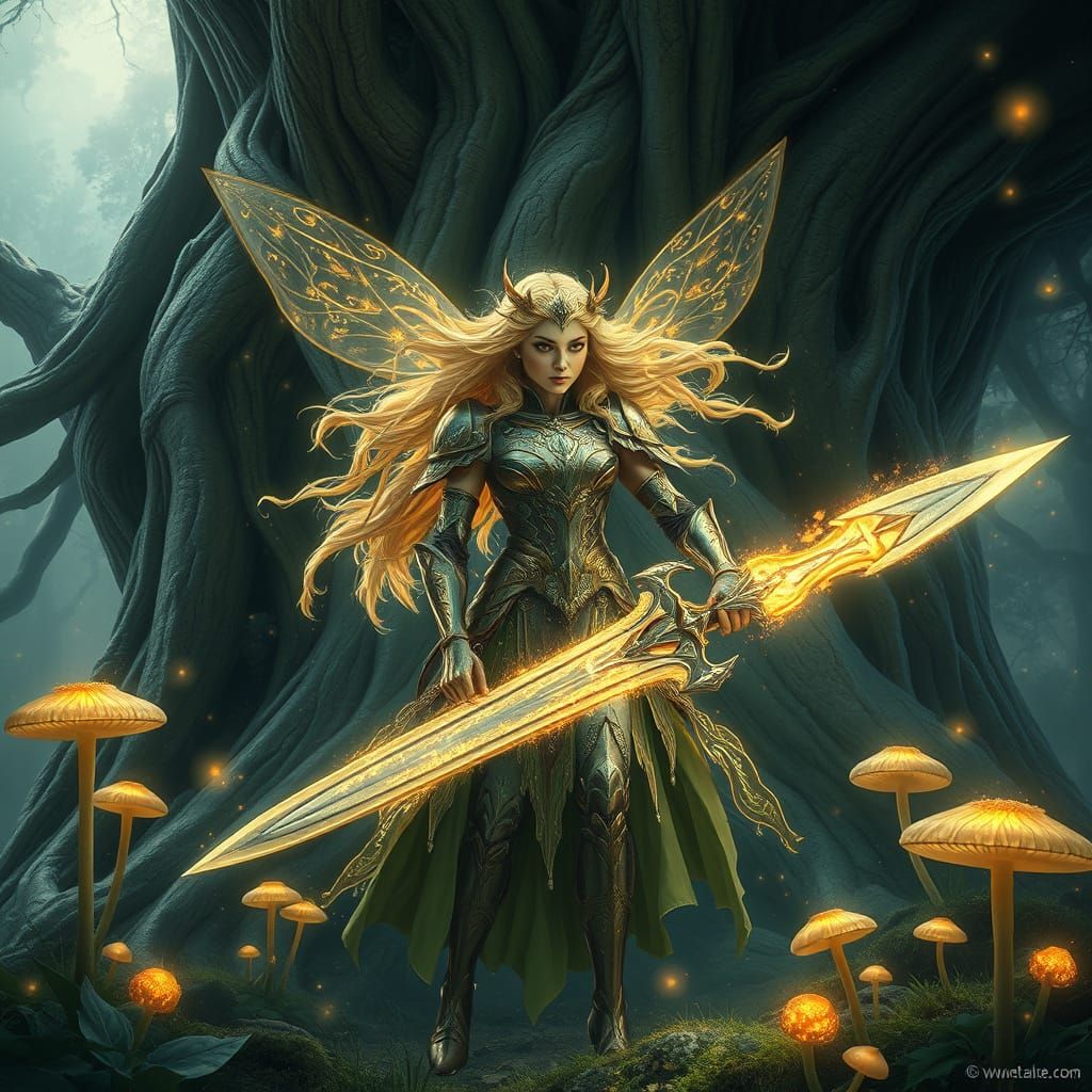 Fae Warrior Emerges from Bioluminescent Forest