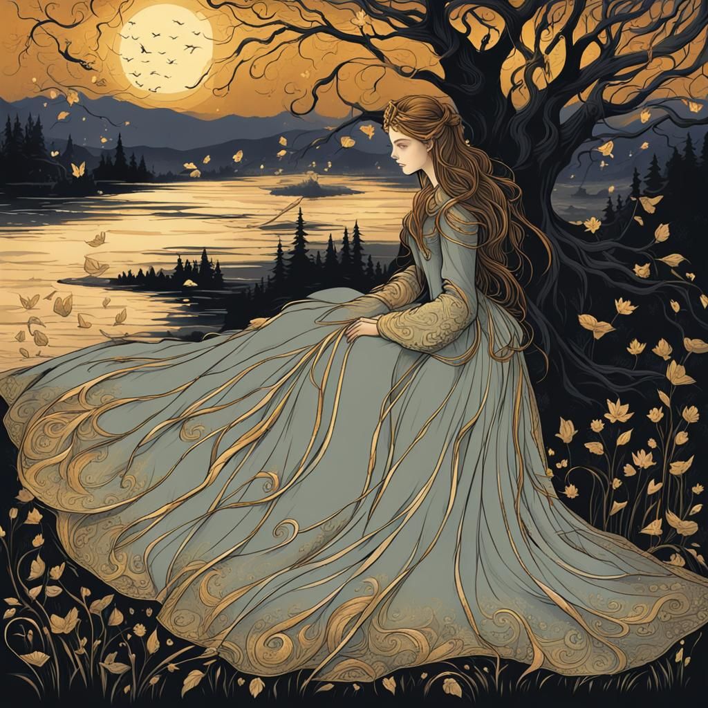 Enchanting Maiden in Golden Gown Amidst Twilight