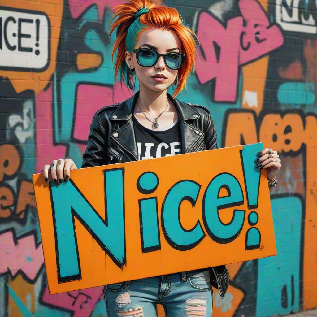 Pop Art Punk Woman Holds 'Nice!' Sign