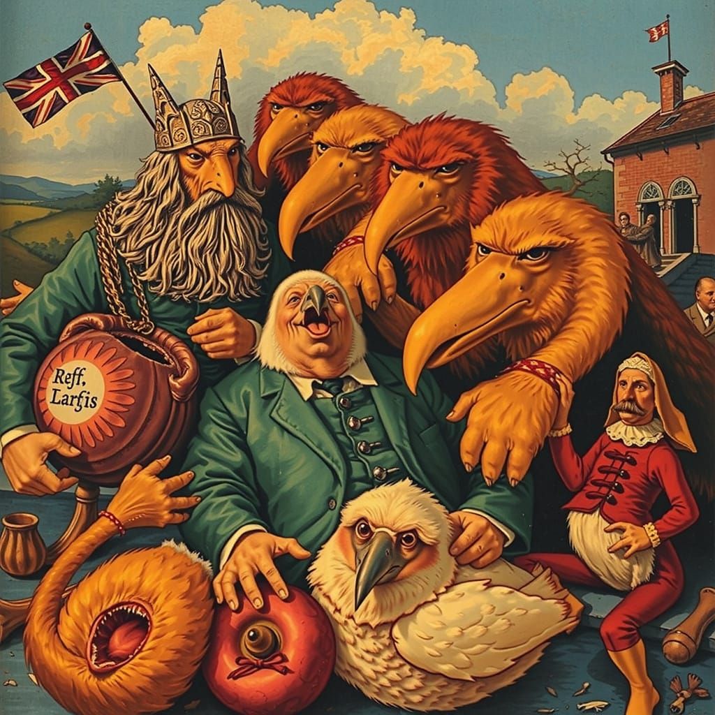 English Aristocracy Satire in Woodcut Style