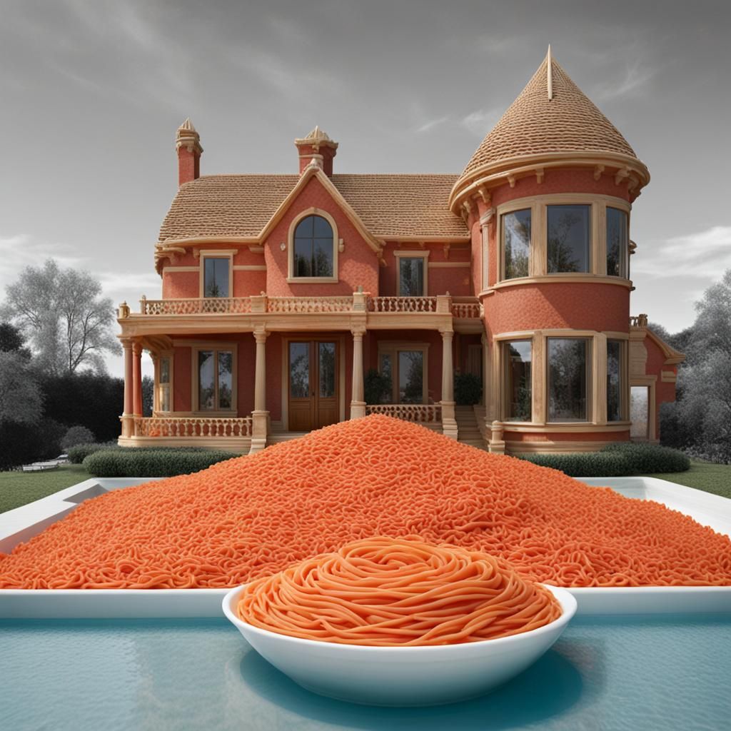 Giant Pasta House on Dish with Tomato Soup Pool