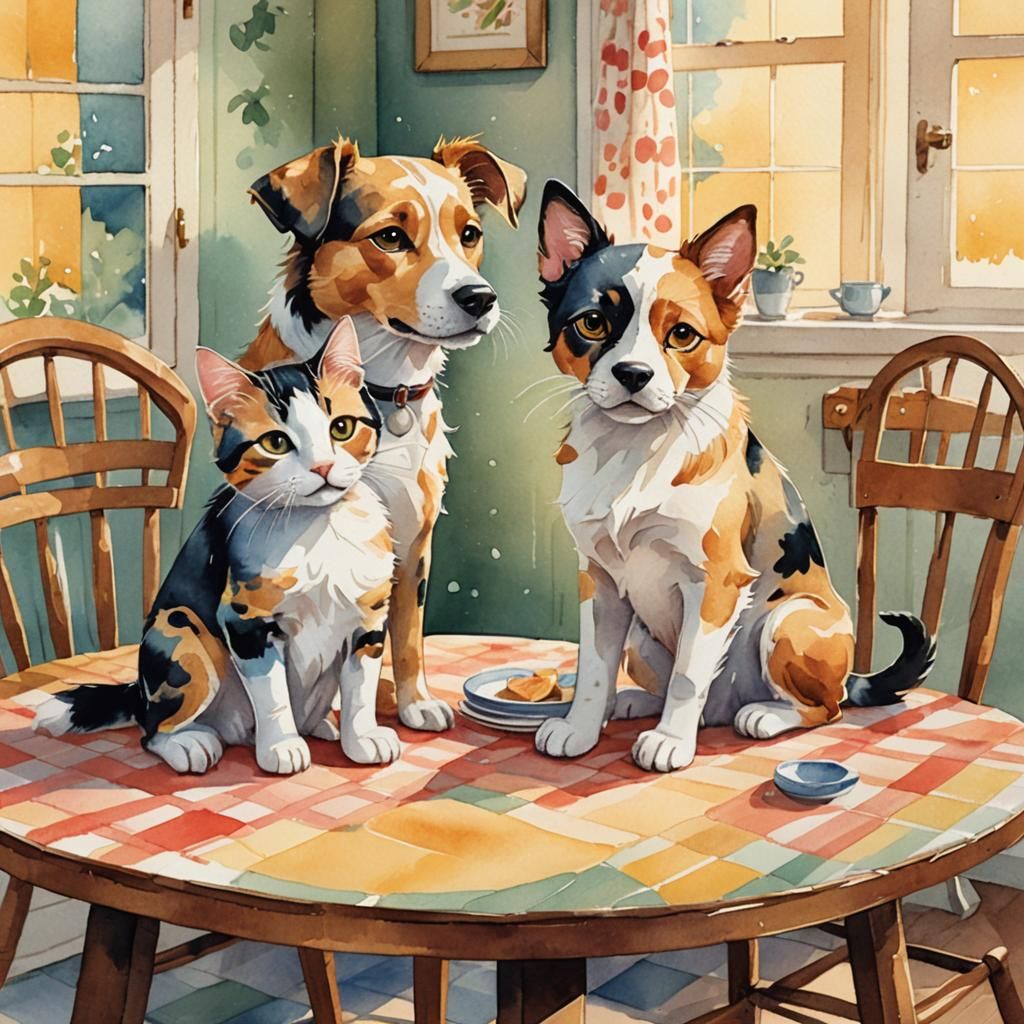 Whimsical Gingham Dog and Calico Cat Share Breakfast