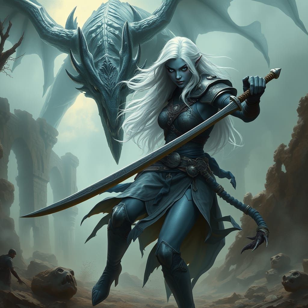 Ethereal Drow Warrior Battles Skeletal Dragon in Mystical Fo...